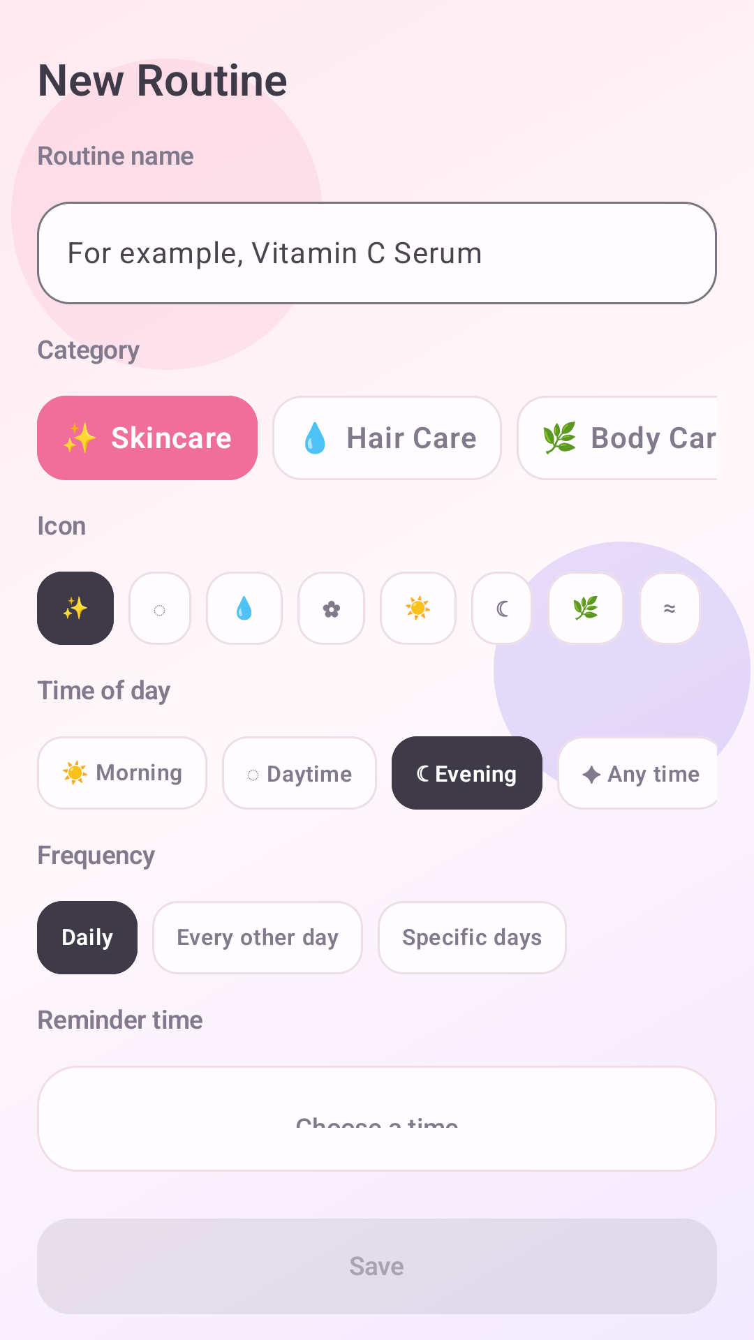 Routine setup screen